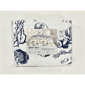New Great Bay Home Catalina Coastal Quilt Set Twin/Twin XL Navy Blue Reversible